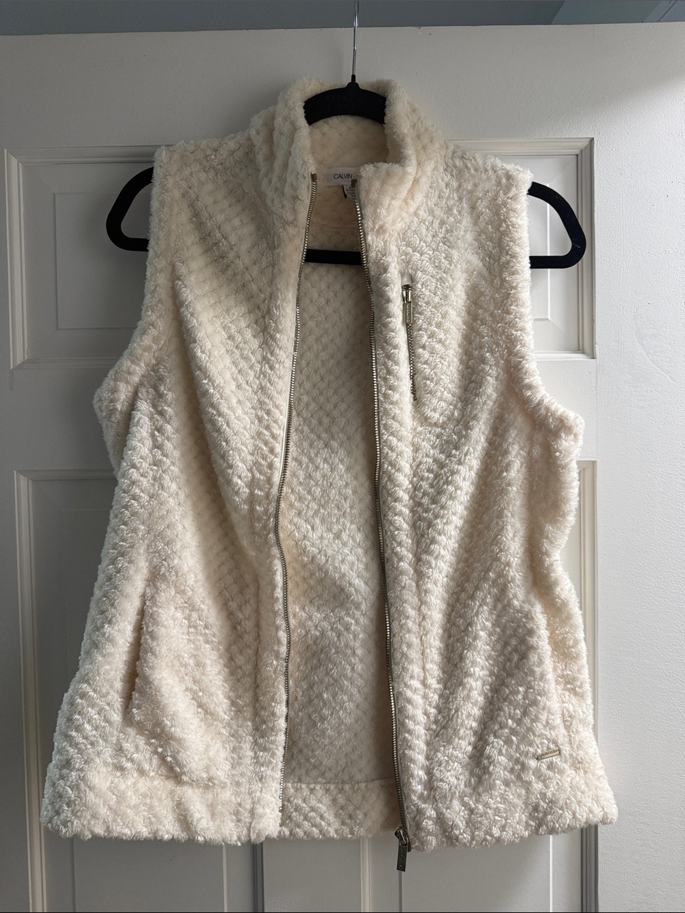 Calvin Klein Cream Textured Zip-Up Teddy Vest - Women